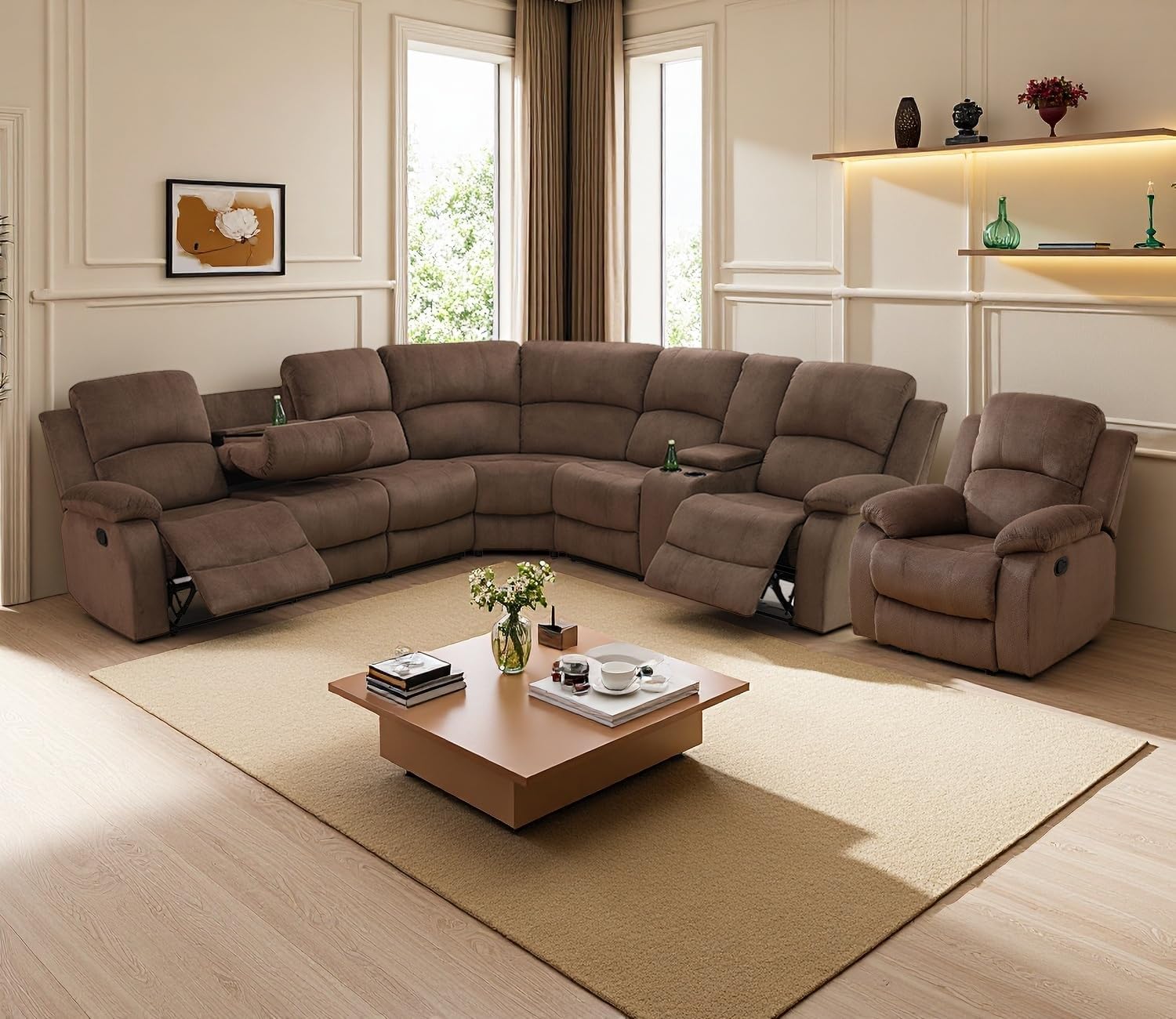Fabric Recliner Sectional Sofa Set for Living Room Furniture Set, 7-Seat L-Shaped Corner Couch with Storage Console/Cup Holders,Corduroy Sofa Set with 3 Reclining Seats(Brown)