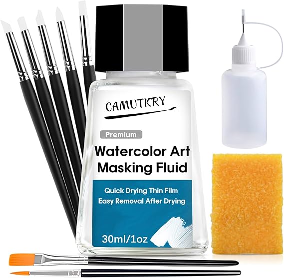 Watercolor Masking Fluid, Liquid Masking for Painting Watercolor Accessories with Silicone Pen Cleaning Brush Retouching and Covering for Painting and Various Art Projects Supplies,White (30ml)