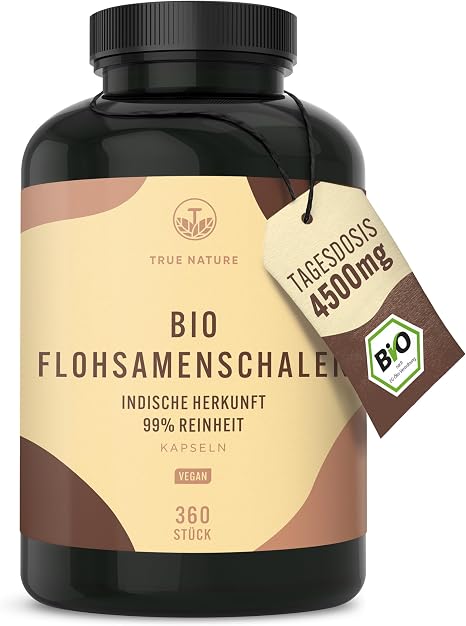 True Nature Organic Psyllium Husk Capsules - Pack of 360 - 4500 mg/Daily Dose 750 mg/capsule – fibre capsules – psyllium husk – high dose – origin: India – vegan – German production