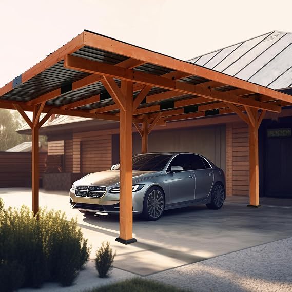 Wood Heavy Duty Carport Garage 18.3x12.6ft Car Shelte with Hard Top Steel Roof and Wooden Frames for Parking Large Vehicles Placed on Patios, Garden, Backyard, Lawn