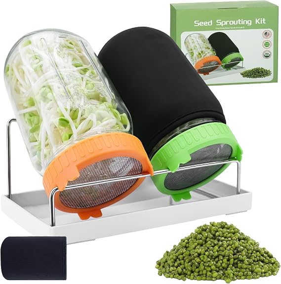 Seed Sprouting Jar Kit with Mung Beans 2.9oz, 2 Large Wide Mouth Mason Jars with Sprouting Lids, Blackout Sleeves, Drain Tray, Sprouts Growing Kit for Growing Bean, Alfalfa, Radish Sprout Seeds
