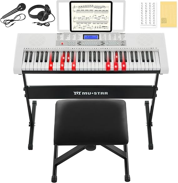 61 Key Electronic Keyboard Piano with Lighted up Keys,LCD,Headphones,X-Stand,Stool,Music Rest,Microphone,Note Stickers,Built-In Speakers,3 Teaching Modes,Ideal for Beginner Adult (White)