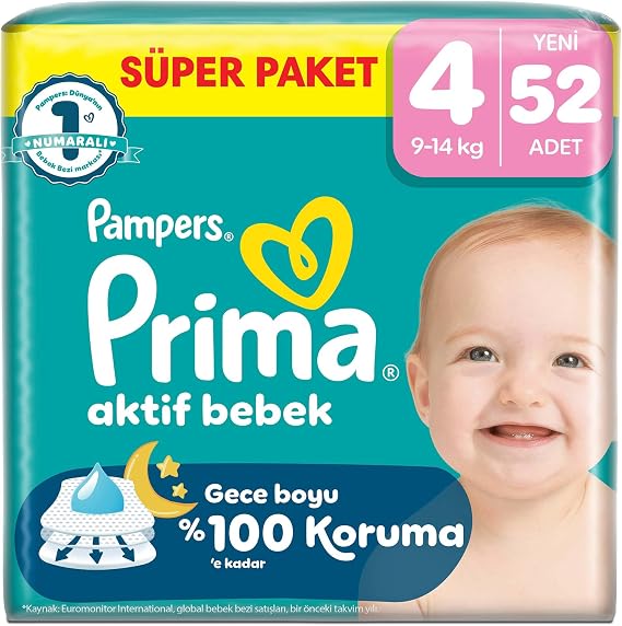 Prima Bebek Bezi Aktif Bebek Süper Paket 4 Beden 52 Adet