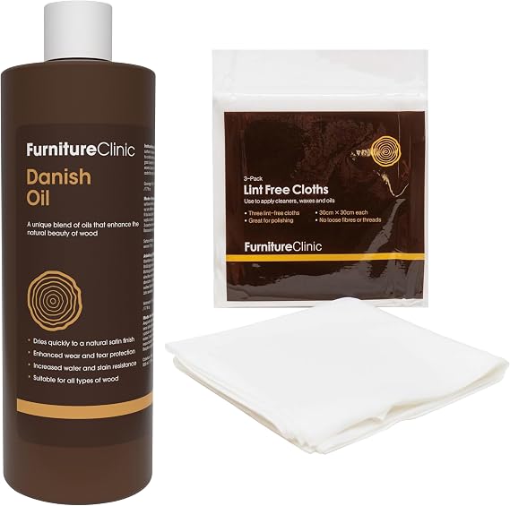 Furniture Danish Oil + 3 Lint Free Cleaning Cloths | 17oz/500ml Wood Oil for Furniture | Restore, Seal & Protect Oak, Pine, Teak & More | Non-Toxic Natural Satin Finish | Repels Water,