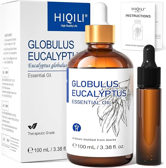 HIQILI Eucalyptus Essential Oil for Diffuser, Aromatherapy & Spray | Essential Oils with Travel Bottle, for Humidifier, Skin, Massage, Home Cleaning, Candle and Soap Making 100ml / 3.38 fl oz
