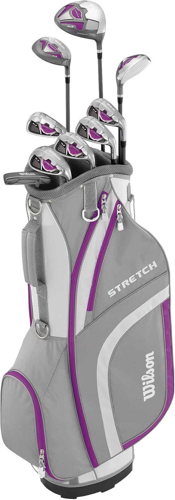 Wilson Beginner Complete Set, 9 golf clubs with cart bag, Women's, Stretch XL, White/Grey/Purple