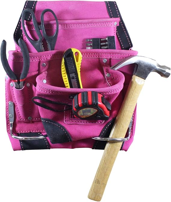 RAVEN Pink Leather Tool Pouch | 9 Pockets & 2 Hammer Holders | 13" (33.02 cm) x 9.5" (24.13 cm) | Ideal for Construction & Roofing Professionals