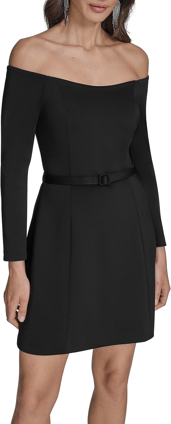 BCBG Women's Off the Shoulder Long Sleeve Belted A-line Mini Dress