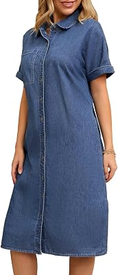 Womens Midi Denim Dress Summer Short Sleeve Button Down Casual Loose Long Tunic Jean Shirt Dress