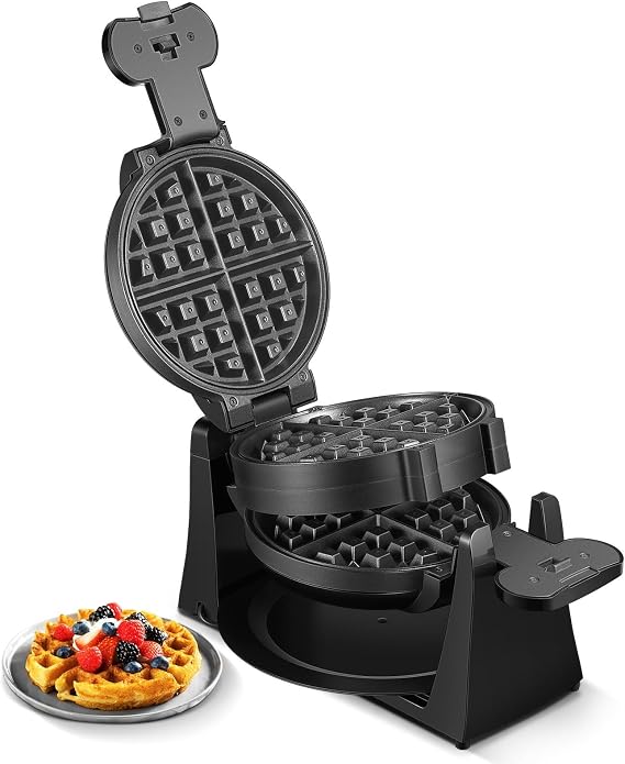 Double Belgian Waffle Maker Iron 180 Flip 1400W 8 Slices in 3 Mins, Rotating, Nonstick Baking Plates, Anti-Scald, Removable Easy to Clean Drip Tray, Cool-touch Handle, Space-Saving Storage, Black