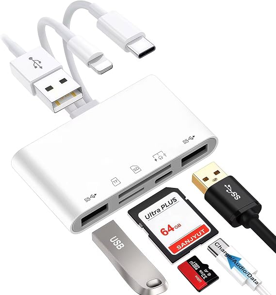 SD Card Reader for iPhone iPad, 7-in-1 Memory Card Reader & USB OTG Adapter | USB C Card Reader, Micro SD Card Reader, Camera Adapter Support SD/MicroSD, USB C to USB Adapter for iPhone 17/16/15/14/13/12