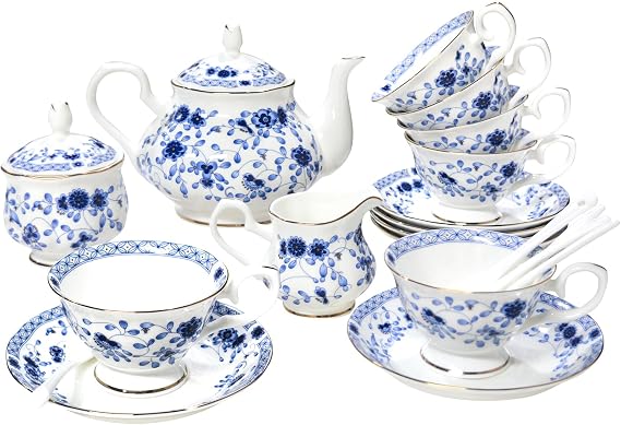 Bone China Tea Set, 21-Pieces Porcelain Tea Set for Adults, Tea Cups And Saucers for 6, with Teapot, Spoons, Sugar Bowl, Creamer Pitcher, Vintage Tea Set for Women Tea Party,Gift Box (Blue)