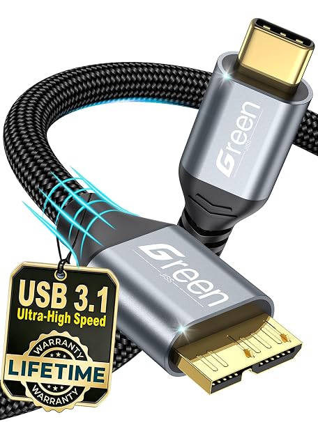 Green Jiss 10 Gbps Micro B to USB C Cable, 1ft 1.5ft 3ft 6ft 10ft Gold-Plated External Hard Drive Cable, Heavy Duty USB C to Micro B Short Cables, for iPhone 17/16/15, WD Seagate, MacBook Pro/Air-1ft