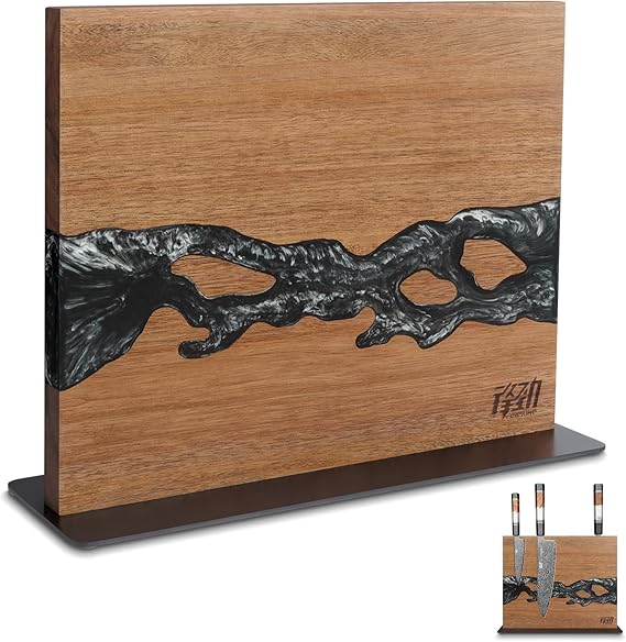 FINDKING Magnetic Knife Block, Double-Sided Knife Holder with Strong Magnets, Acacia Wood and Black White Resin, Countertop Kitchen Knife Storage Stand (12 10 Inches, Without Knives)