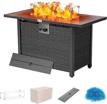 Werph 43" Propane Fire Pit Table with Rattan Fence, 50,000 BTU Gas Fire Pits for Outside Patio with Auto-Ignition, 2-in-1 Fire Table with Natural Lava Rock, Wind Guard& Removable Lid, Black