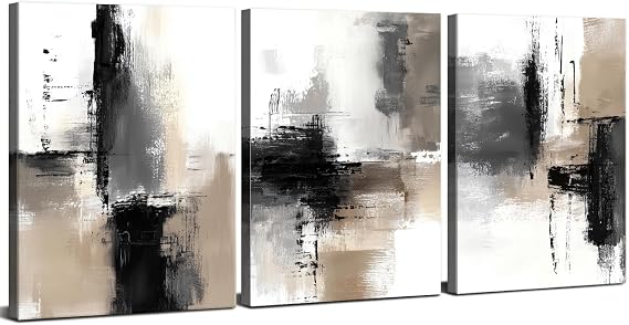 Set of 3 Abstract Canvas Wall Art Neutral Modern Wall Pictures for Living Room Decor Black Grey Beige Minimalist Wall Decor Contemporary Framed Artwork for Bedroom Hallway Home Decorations 30x40cm