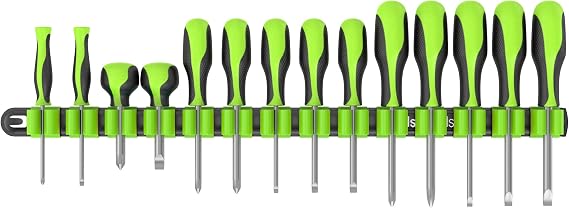 Olsa Tools Premium Wall-Mount Screwdriver Organizer - Black Nylon with Neon Green Clips - Holds 14 Screwdrivers - Part: 1031