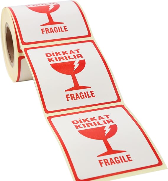 Hazır Kırılır Etiketi, Fragile Label 70mm x 80mm Ruloda 250 Adet Sticker, Koli İçin Çıkartma Güvenlik Etiketi, Dikkat Kırılır Uyarı