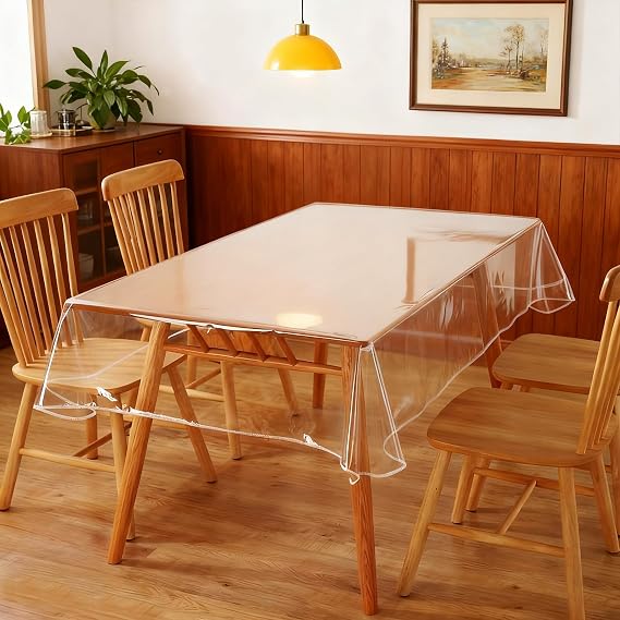 140x180cm Transparent Tablecloth with 8 Tablecloth Clips | Clear Table Protector PVC, Waterproof, Oil Proof, 55 X 71 Inch Plastic Table Cover, for Kitchen Office Dining Outdoor Indoor