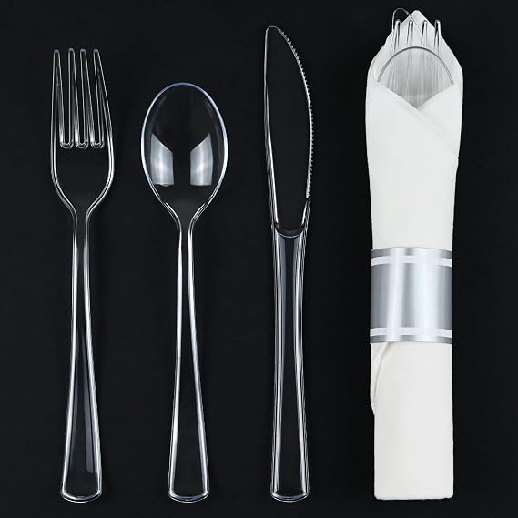 100 Pack Pre-Rolled Clear Plastic Disposable Cutlery Set