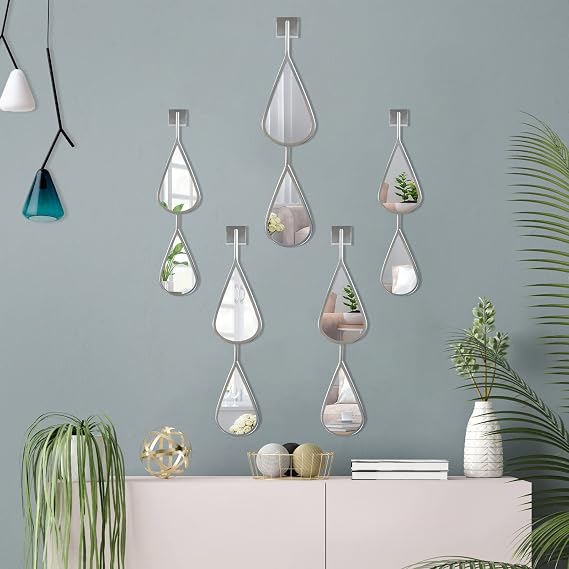 BAODANFU Decorative Mirrors Wall Mounted, Wall Mirror Silver Decor Tear Drop Shape Metal Frame for Living Room Bedroom Entrance Mantle Fireplace (Silver, 5-Pack Teardrop Mirrors Set)