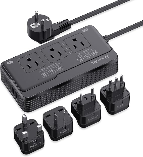 2000W Voltage Converter US to Europe for Hair Dryers, 7-in-1 220V to 110V Converter for European Travel with 3 AC/2 USBA/2 USBC Ports, Universal Power Converter Adapter Combo with EU/UK/IT/AU Plug