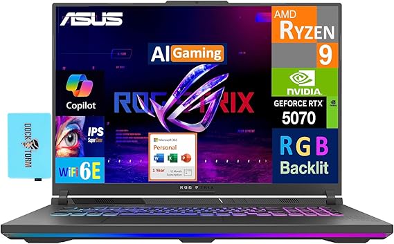 ASUS ROG Strix G18 Latest AI Gaming Laptop Copilot+ 18" 240Hz 2.5K Display | Nebula Display,Ryzen9 8940HX,GeForce RTX 5070 8GB,64GB DDR5,4TB SSD,RGB KB,Win11 Pro/MS 365 Personal,DKZ USB Hub