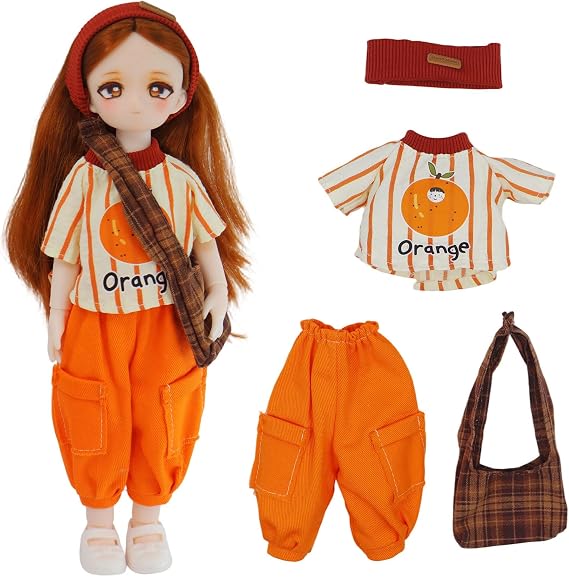 Original 1/6 Scale kawaii Anime BJD Doll, 30cm Ball Jointed Doll, Japanese Style With Full Set, Christmas Halloween Easter Birthday Valentine for Collectors 15+ (Orange)