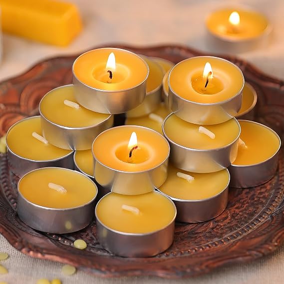 24Pcs Beeswax Tealights Candles, 4H Handmade Beeswax Tea Lights Candle, Natural Organic Tealight Candles Unscented Smokeless Clean Burning