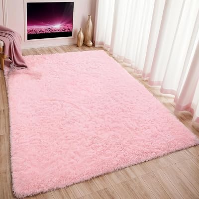 GCACE Fluffy Shaggy Area Rugs for Living Room, 3x5 Feet, Soft Plush Carpet for Bedroom Nursery Home Decor, Pink