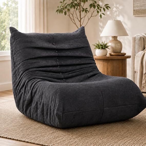 Nuturelly Bean Bag Chair for Adults, Ergonomic Seat, No Assembly, Black | Linen Fabric, Spot Clean Only, Pet-Friendly, Durable & Breathable, 400Lbs Capacity, Lightweight & Portable
