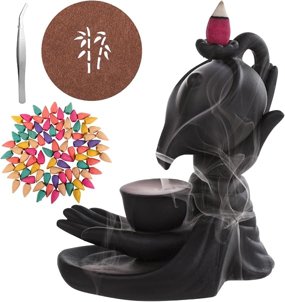 Buddha Hand Backflow Incense Burner, Ceramic Smoke Waterfall Burner with 100 Incense Cones, Tweezers, Mat, Meditation Home Decor
