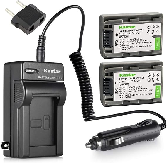 Kastar Battery (2-Pack) and Charger Kit for Sony NP-FP51, NP-FP50, NP-FP30, NP-FP70, NP-FP60, NP-FP71, TRV, TRV-U & Sony DCR-HC30 40 43E 65 85 94E 96 DCR-SR30 40E 50E 60E 70E 80E 100 Camera