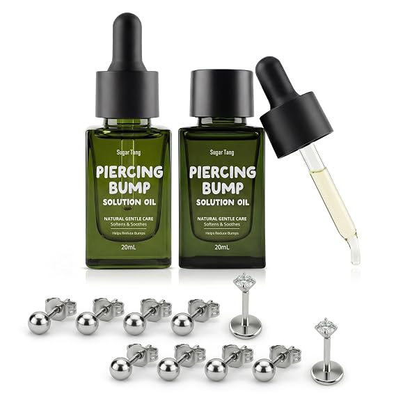 Piercing Bump Solution Oil, Natural Jojoba Rosehip Tea Tree | Gentle aftercare for bumps, with curved dropper, nose stud and downsizing earring studs, 20ml 2 bottles