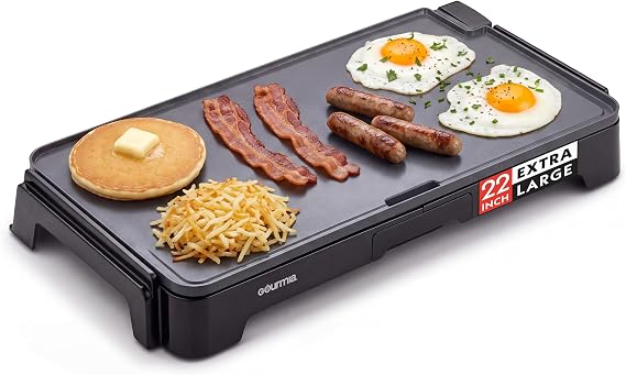 Gourmia 22 Inch XL Electric Griddle Pan - Nonstick Extra Large Flat Top Ceramic Surface, Countertop Cooker, Adjustable 200F400F, Pull-Out Drip Tray, Compact Handle-Free Design