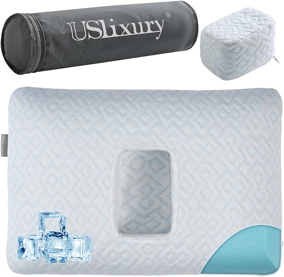 USlixury Ear Piercing Pillow Off-Center Ear Hole, Memory Foam, 16"11"4" | Cooling Removable Cover, Plug Included, for Ear Pain/CNH Support, Travel-Friendly, 3.5"4.7"