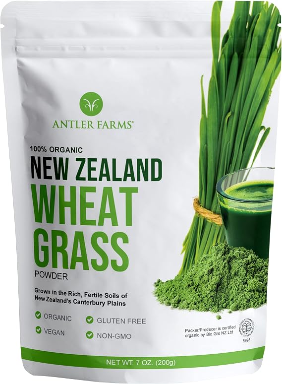 Antler Farms - 100% Pure Organic New Zealand Wheatgrass Powder, 40 Servings, 200g - Raw, Vegan, Gluten Free, Nutrient Rich, High Chlorophyll Wheat Grass, Detox, Essential Amino Acids, Minerals