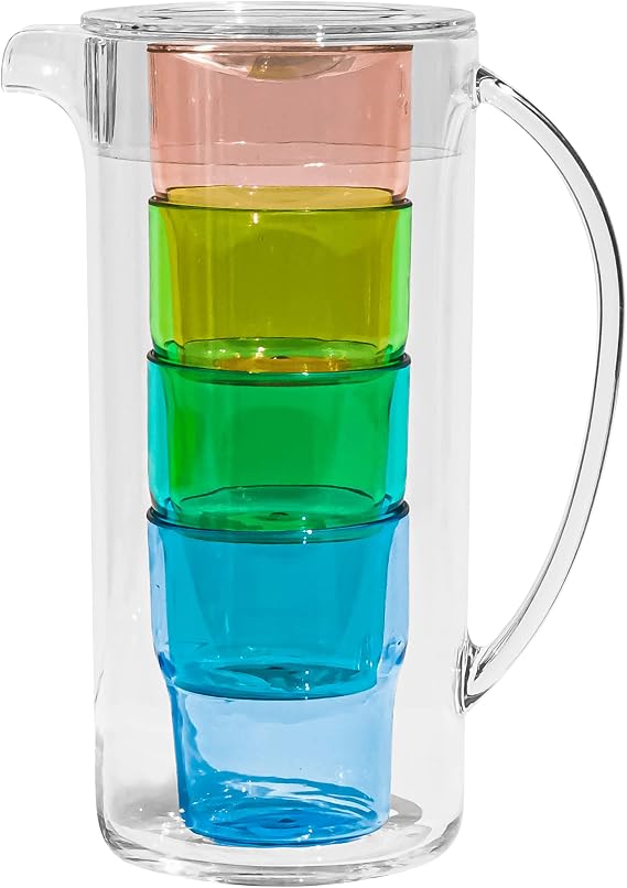 TarHong Simple Acrylic Stacked Nested Pitcher with Lid & Glasses Set - Multicolor Blues - Set of 6