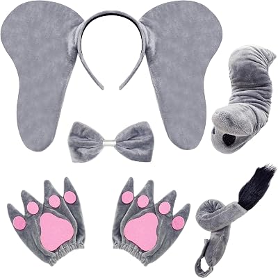 5 Pcs Grey Elephant Costume Set,Fuzzy Elephant Ears Nose Tail Gloves Bowtie Kit,Animal Costumes for Halloween Cosplay,Dress Up Party