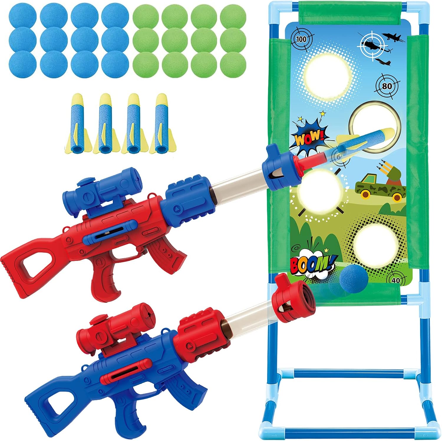 Moving Shooting Targets Game Electric Scoring Target Kids Toy with 2 Popper Guns 24 Foam Balls Outdoor Garden Toys Gifts for Boys Girls