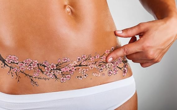 TuckTats Sayura Temporary Tattoo for Scars Realistic Waterproof Scar Cover Tattoo for Tummy Tuck, Mastectomy, C-Section & Top Surgery Cherry Blossom Design, Long Lasting 57 Days