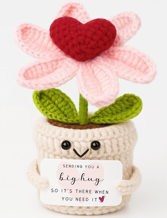 Thinking of You Gifts for Women Crochet Heart Flower Plant - Sending You A Big Hug - Cute Handmade Desk Decor Gift Baskets - Unique Get Well Soon, Sympathy, Friendship for Her Him