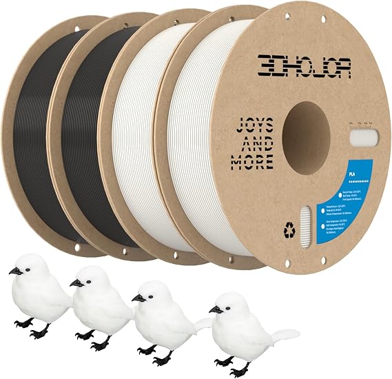 3DHoJor PLA Filament 1.75mm,3D Printer Filament 1kg*4 Bundle Cardboard Spool, Fit Most FDM 3D Printer,Dimensional Accuracy +/- 0.03 mm,Vacuum Packaging-Black+White 4Pack