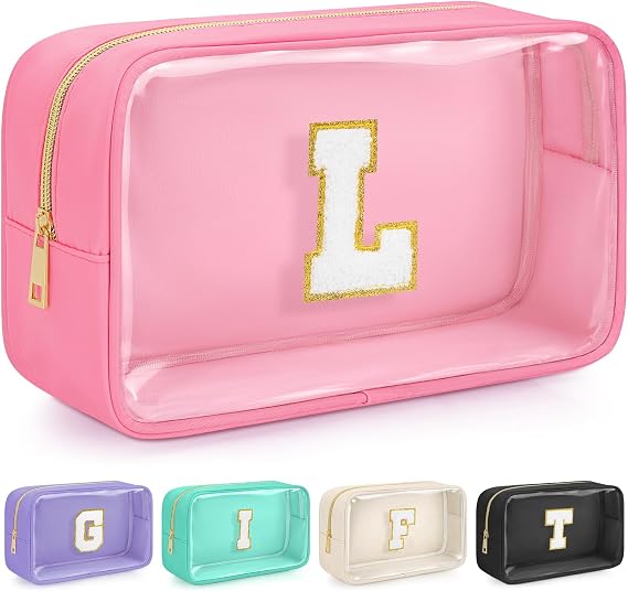 Initial Clear Makeup Bag, Birthday Gift Chenille Patch Cosmetic Bag
