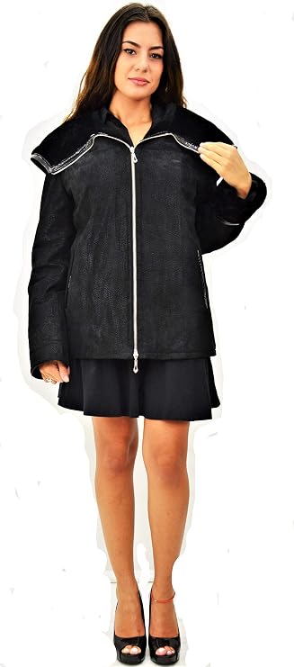 Women's Genuine Leather Coat with Sheared Lamb Lining & Convertible Hood