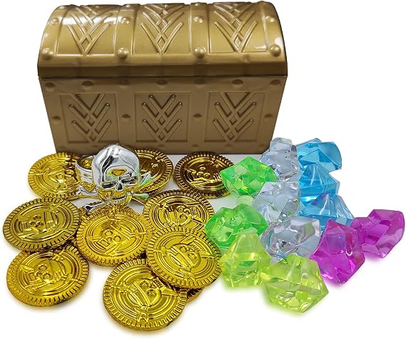 Kids Pirate Treasure Chest Toy Box Gold Finish Vintage Pirate Jewelry Box Kids Storage Treasure Chest with (12 Plastic Gold Coins+12Gems+1Rings)