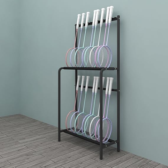 2-Tier Floor Standing Tennis Racquet Storage Rack Large Badminton Racket Metal Holder with Sponge Protection Storage Rack for Badminton Rackets Tennis Racquet Display Stand(Black)
