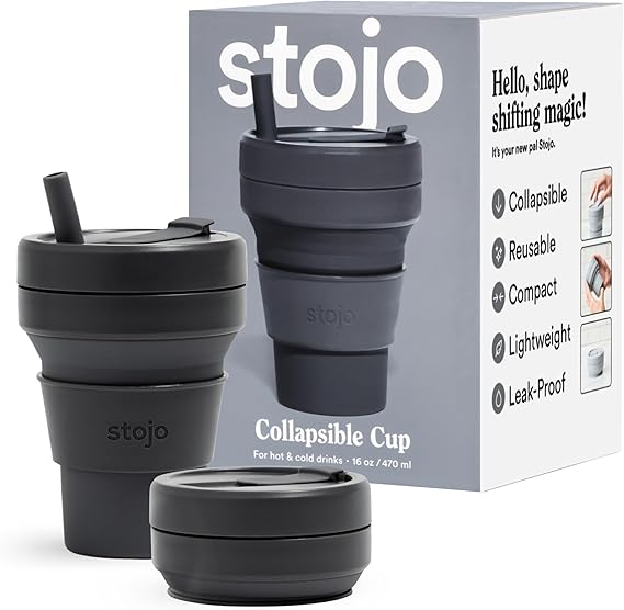 STOJO Collapsible Travel Cup - Reusable To-Go Pocket Size Silicone Bottle for Hot and Cold Drinks - Perfect for Camping - Microwave & Dishwasher Safe (Carbon Gray, 16, ounces)