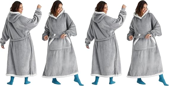 Bedsure Wearable Blanket Hoodie, Long Hooded Blanket Sweatshirt as Mothers Birthday Gifts for Women, Cozy Sherpa Hoodie for Adult, Standard, Grey (Pack of 2)