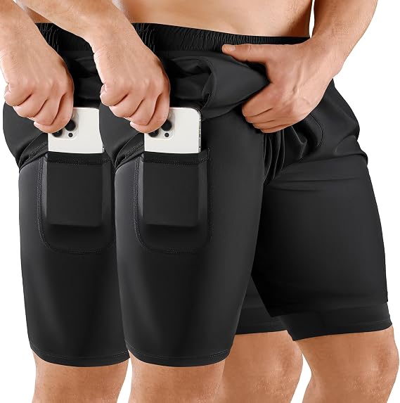 Niksa Pack of 2 Men's 2-in-1 Shorts Quick-Drying Sports Trousers Men's Short 7 Inch Breathable Running Shorts with Mobile Phone Pocket Sports Shorts